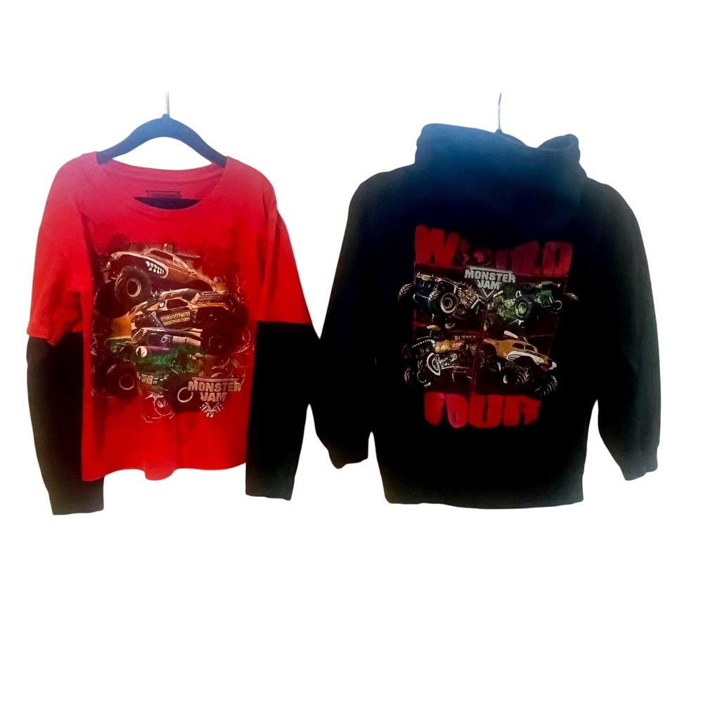 Monster Jam World Tour Kids Zip Up Black Hoodie & Red Graphic Tee Shirt Set-Sz M